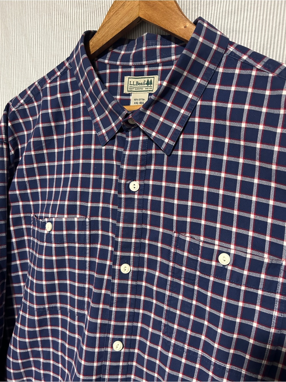 L.L. Bean Navy, Red and White Plaid Button-Down Shirt